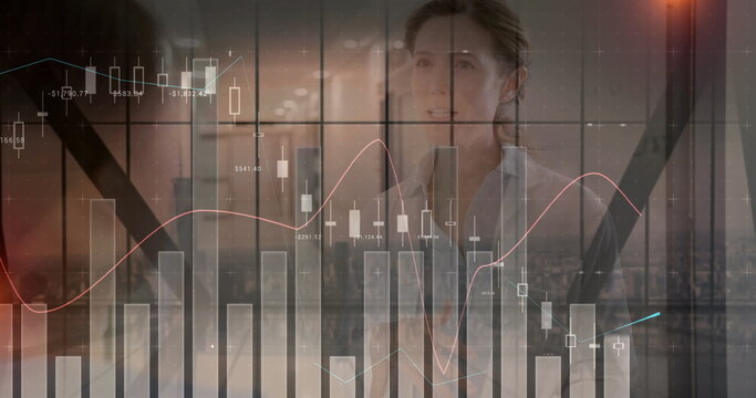 Image of statistics and data processing over caucasian female doctor