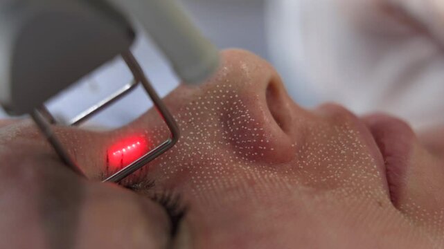 Beautician cosmetologist doing procedure fractional microneedle mesotherapy rejuvenation with laser technology. Hardware cosmetology in clinic salon for client.