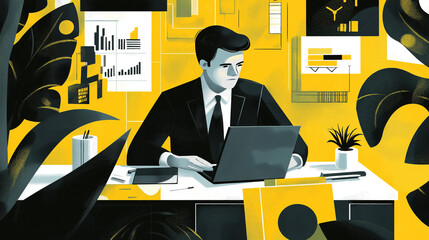 A stylized illustration of a man in a suit, seated behind a desk. He is surrounded by various icons and elements, including a pie chart, a gear, a plant, and some rectangular blocks.