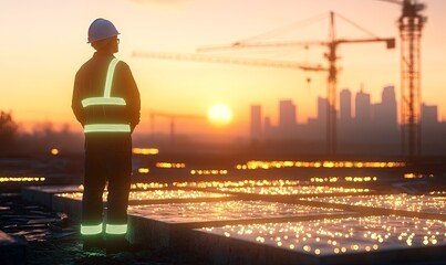Fototapeta premium Construction worker in hard hat and reflective vest looking at cityscape skyline and cranes during sunset.