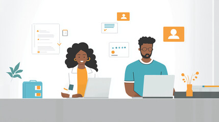 Two illustrated characters, one male and one female, working on a laptop. The female character is holding a mobile device, while the male character is reading a document