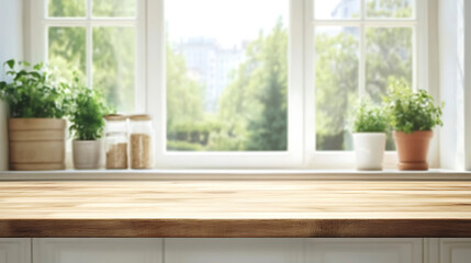 Fototapeta premium Refined wood table top with softly blurred kitchen surroundings