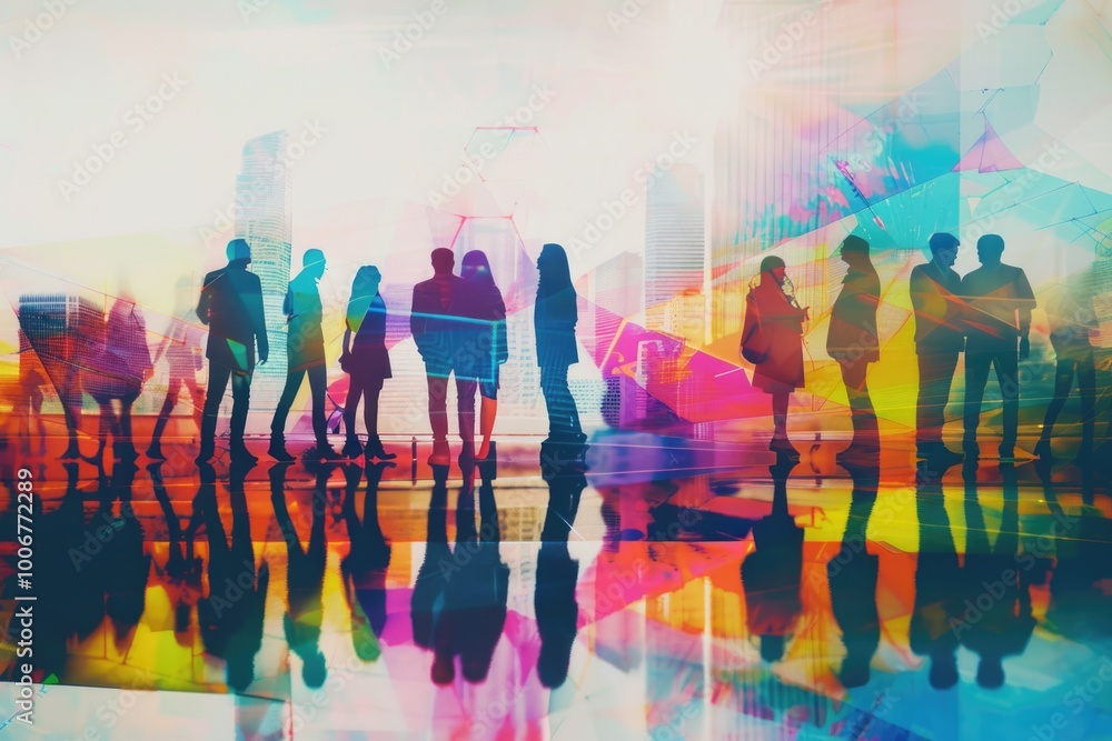 Poster Group of people standing in front of a modern architecture structure, possibly waiting or protesting
