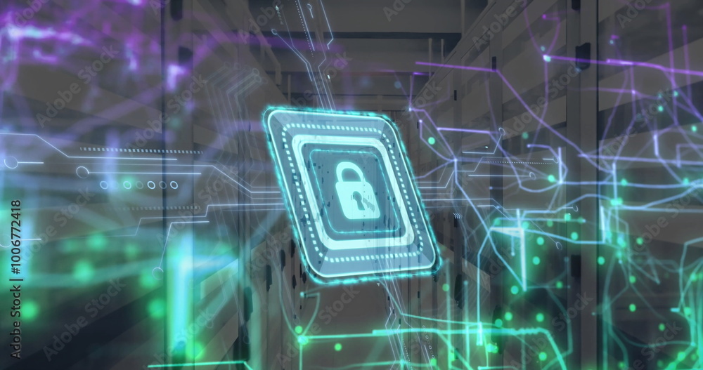 Poster image of padlock icon and digital data processing over computer servers