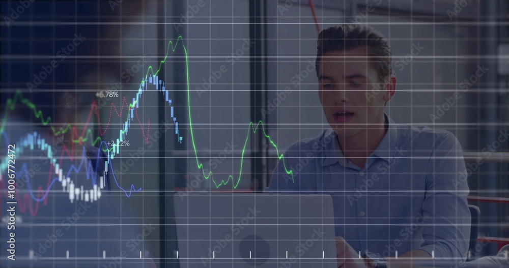 Poster image of data processing and diagrams over diverse business people discussing work