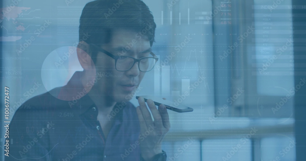 Sticker Image of financial data processing over asian businessman using smartphone in office