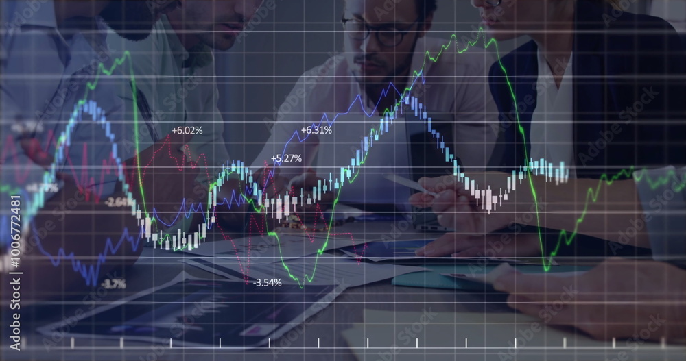 Poster image of data processing and diagrams over diverse business people discussing work
