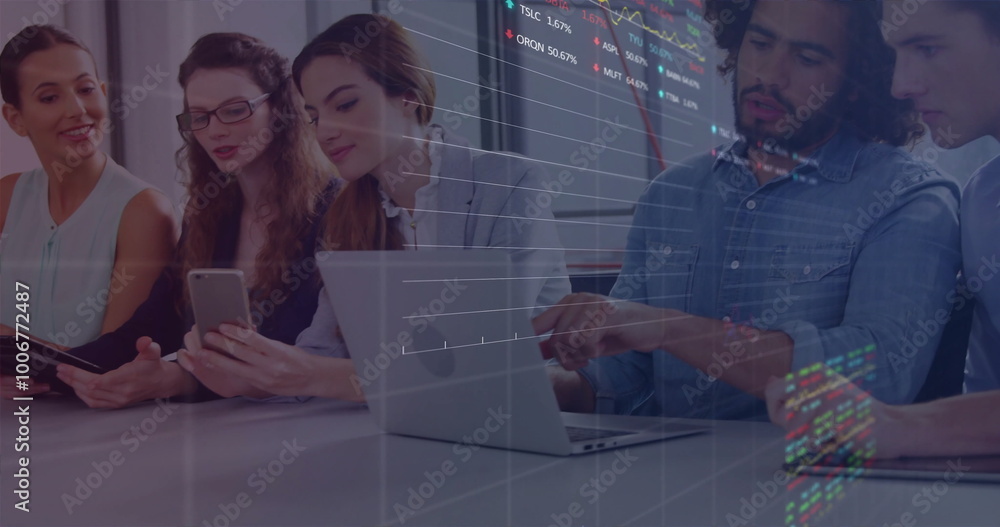 Poster image of data processing and diagrams over diverse business people discussing work