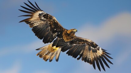 Obraz premium eagle soars gracefully over a snow-capped mountain range, showcasing its powerful wings and keen eyesight.