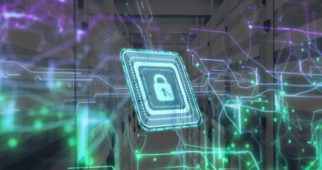 Image of padlock icon and digital data processing over computer servers