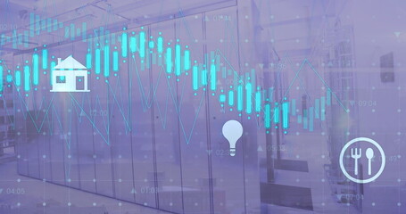 Image of icons and digital data processing over computer servers