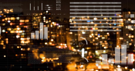 Image of charts processing data over cityscape at night