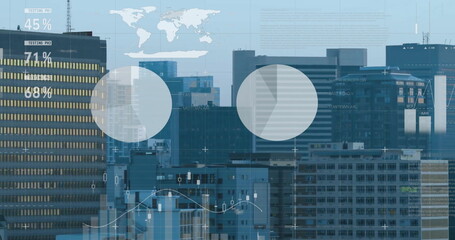 Image of charts processing data over modern cityscape