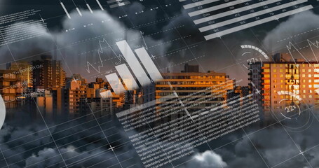 Image of charts processing data over cloudy sky and sunset cityscape