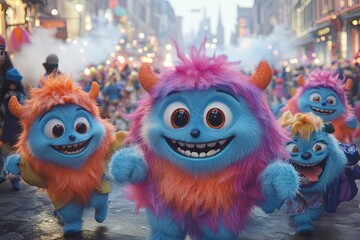 Four cute blue furry monsters with horns and big smiles, walking in a parade, with a blurred out festive background.