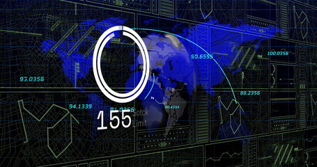 Image of scopes with data processing with world map over black background
