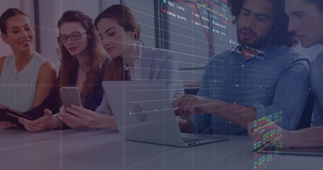 Image of data processing and diagrams over diverse business people discussing work