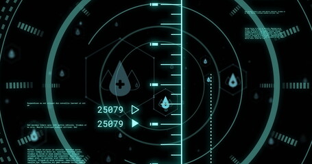 Image of scopes and scientific data processing over black background