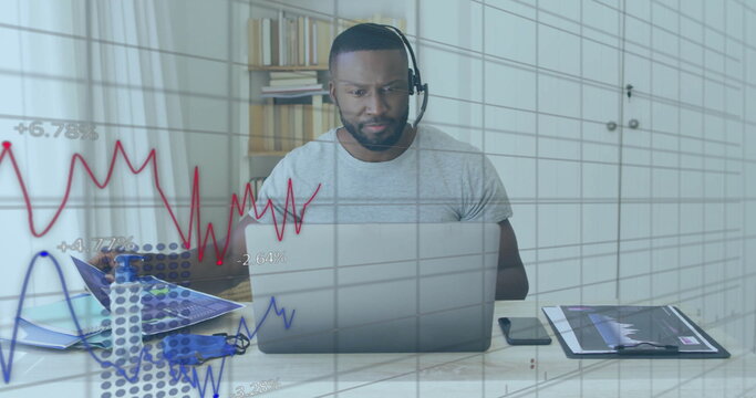 Image of financial data processing over african american man using laptop