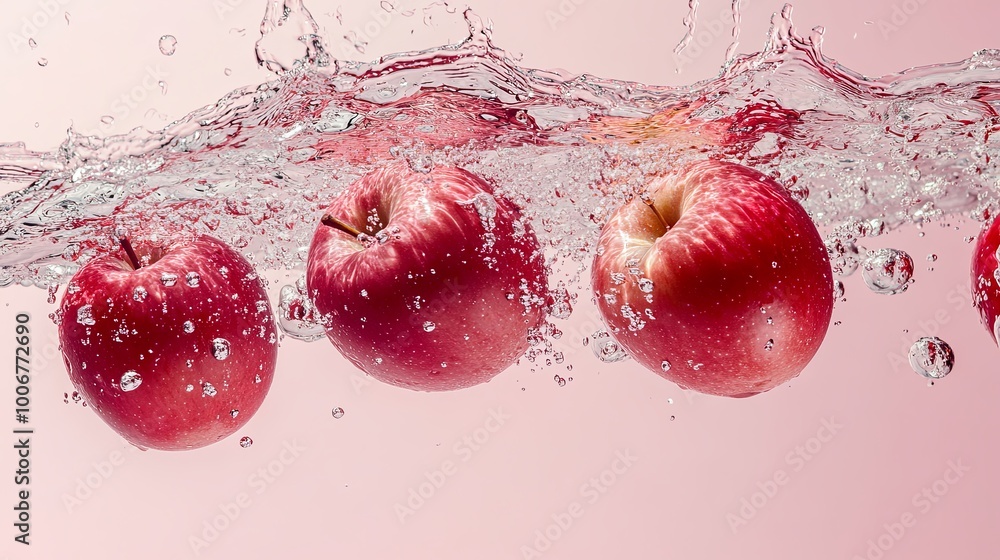 Poster four red apples submerged in clear water, creating a wave of splashing liquid and bubbles.