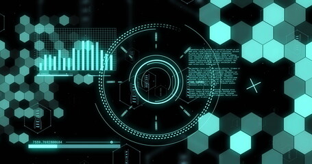 Naklejka premium Image of scopes and scientific data processing over black background