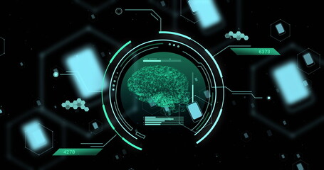 Image of scope, human brain and scientific data processing over black background