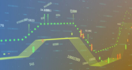 Image of data processing over diagrams on blue background