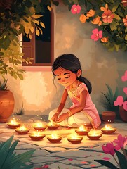 Illustration of Young Girl Lighting Diwali Diyas Outside Her Home