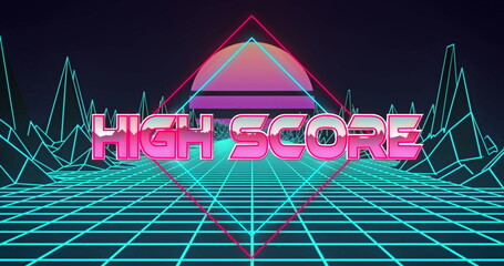 Image of high score text over digital mountains and sun on black background