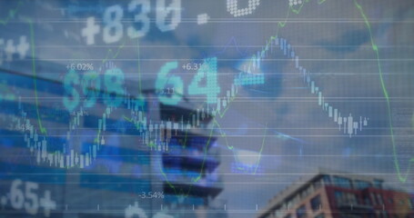 Image of financial data processing over cityscape