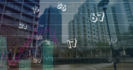 Image of financial data processing over cityscape