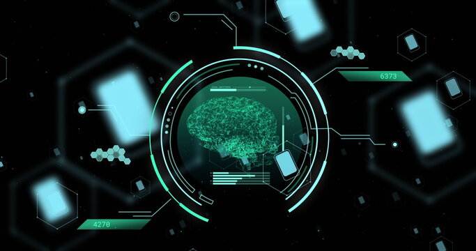 Image of scope, human brain and scientific data processing over black background