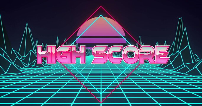 Image of high score text over digital mountains and sun on black background
