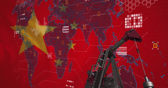 Naklejki Image of pumping oil derrick, world map and processing data over flag of china