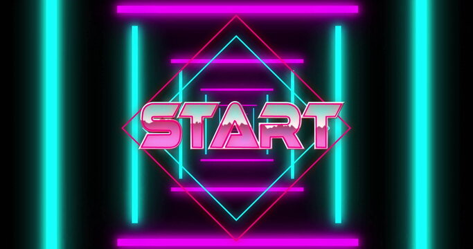 Image of start text over neon tunnel on black background - Powered by Adobe