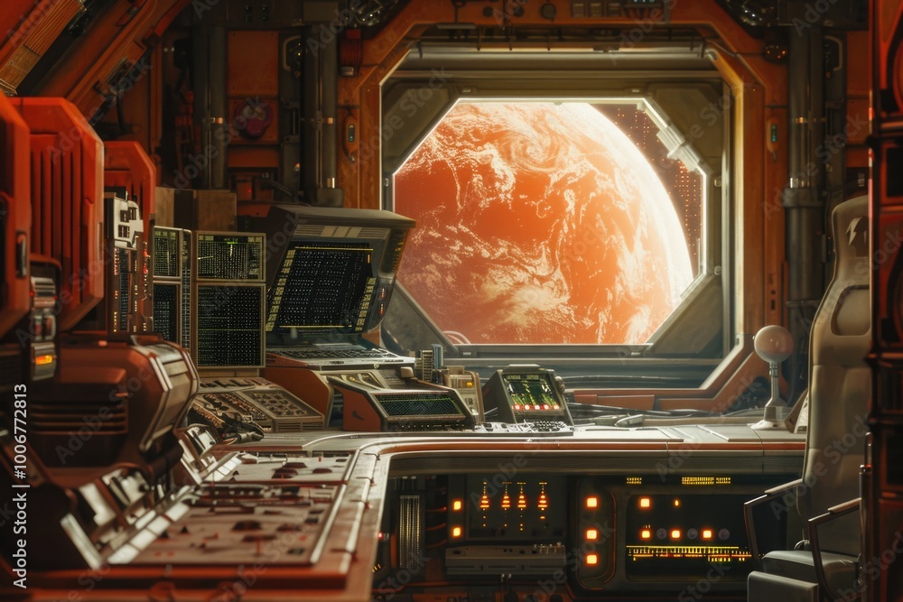 Poster view of the earth from within a space station, offering a unique perspective