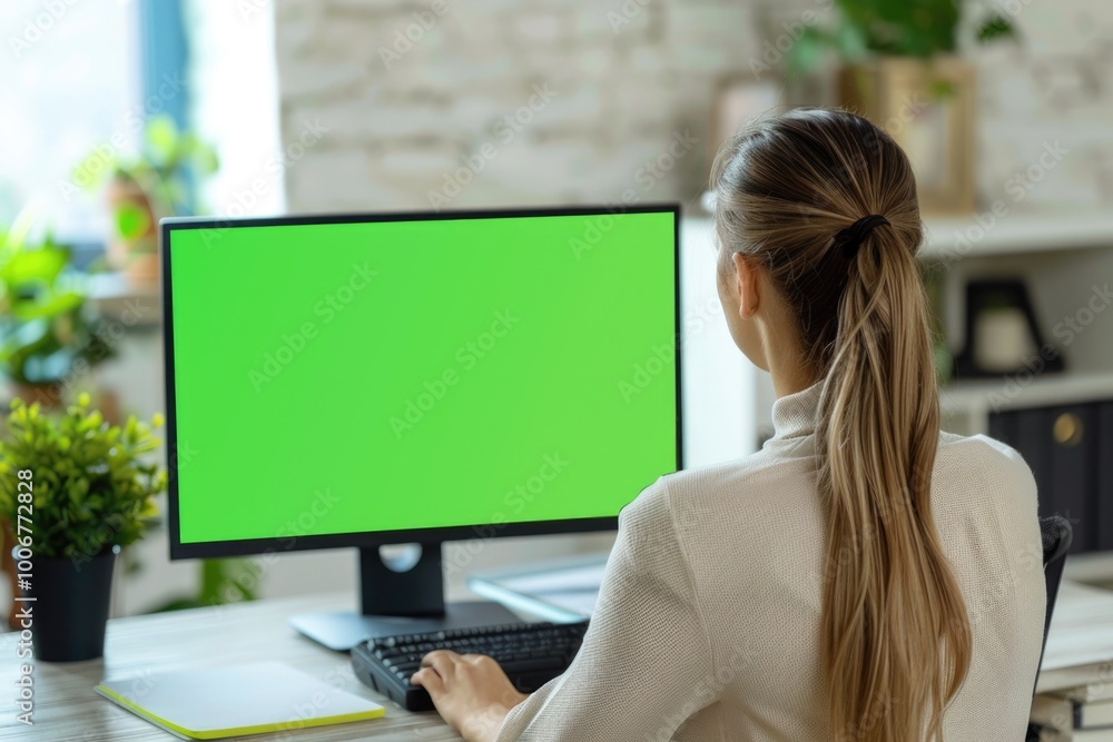 Poster a woman sits at a desk using a computer with a green screen, likely for gaming or video editing