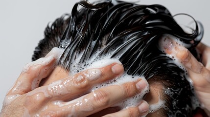 Naklejka premium Young man using shampoo on head isolated on white background, close up of hands holding black hair