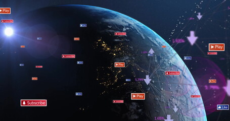Image of social media notifications processing over globe in space
