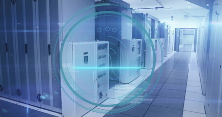 Image of cyber security text and digital data processing over computer servers