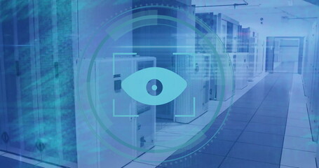 Image of eye icon and digital data processing over computer servers