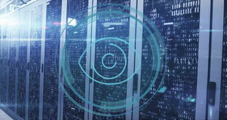 Image of eye icon and digital data processing over computer servers