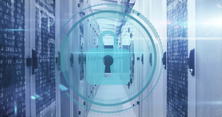 Image of padlock icons and digital data processing over computer servers