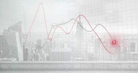 Image of light spot and diagrams over cityscape