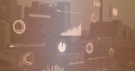 Image of data processing over diagrams over cityscape