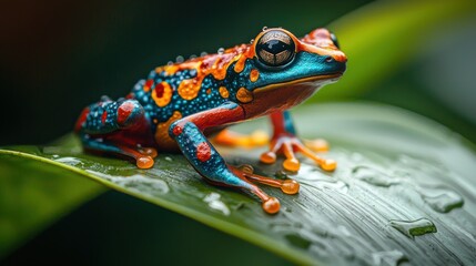 Fototapeta premium Harlequin frog displaying bright colors on leaf in tropical rainforest with dewdrops