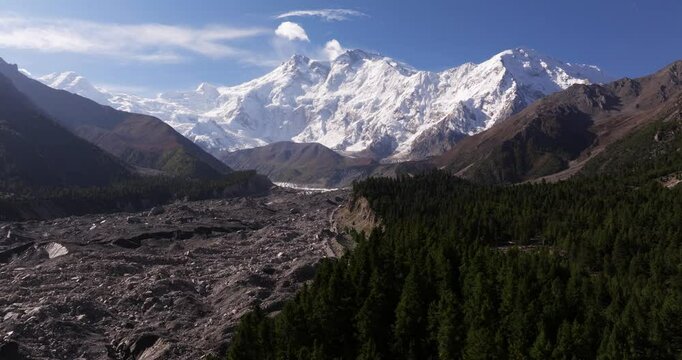 Aerial Truck Left Reveals Rakhiot Glacier. Nanga Parbat in Background. Pakistan Nature
