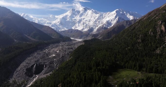 Nanga Parbat, Cinematic Establishing Drone Shot. 9th Tallest Mountain in World! Fairy Meadows, Pakistan. Rakhiot Glacier. Lush Green Forest
