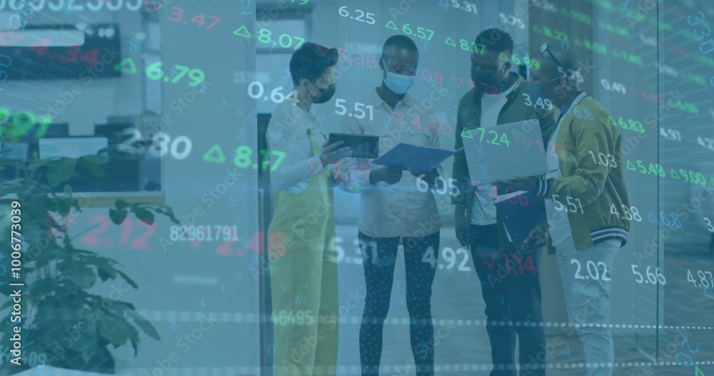 Poster image of financial data processing over diverse colleagues discussing work in office