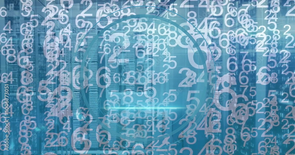 Poster image of tablet icon and digital data processing over computer servers